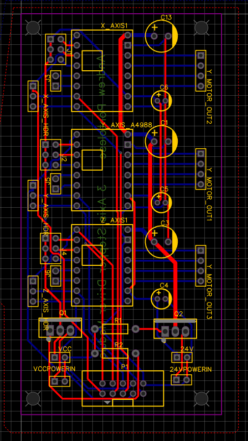 3-Axis stepper driver daughter board PCB layout with A4988 drivers for X, Y, and Z axes